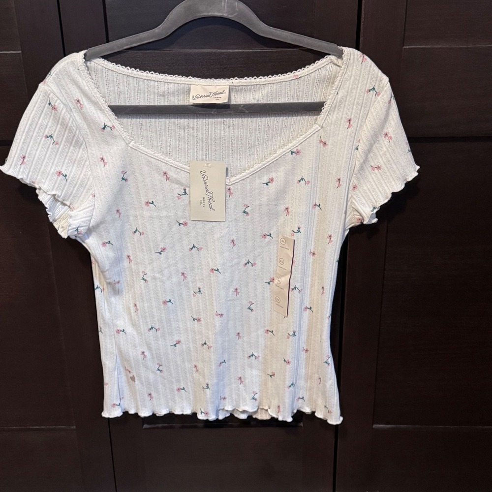Universal Thread Women White Floral Ribbed Sweetheart Top XL NWT